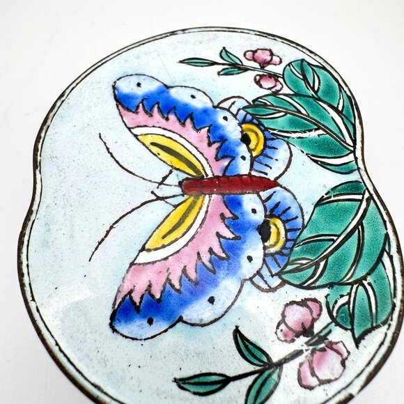 Vintage Chinese Canton Enameled Trinket Box Butterfly Floral Motif Handcrafted - Picture 7 of 11